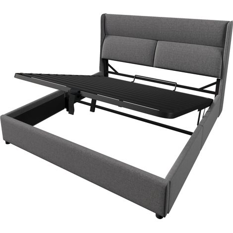 Cama matrimonial tapizada 160x200 cm con almacenaje y cabecero ajustable gris