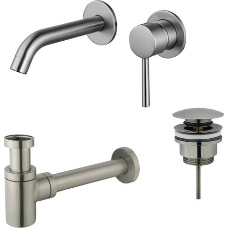 Fortifura Calvi Slim Kit mitigeur lavabo - robinet encastrable - bonde clic clac - siphon design bas - PVD Inox brossé (1/2)