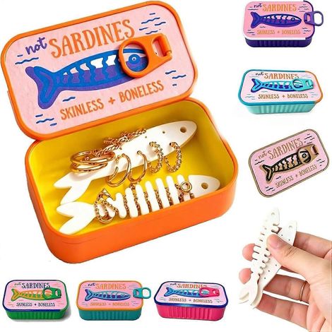 Étui à bijoux de voyage imprimé 3D forme de sardine avec porte-boucles d'oreilles en arête de poisson (1/3)