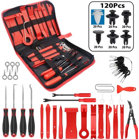 (ROUGE 11 PIÈCES) Kit d'outils de démontage intérieur de voiture : outils de démontage des garnitures, outils de démontage des panneaux de porte, autoradio, système audio stéréo et bornes du tableau d (1/5)