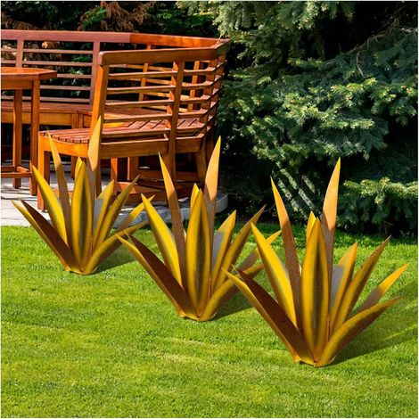 Sculpture Rustique de Tequila - Art décoration Statue Déco à la Maison, Figurines de Jardin, Ornements de Pelouse, Piquets de Jardin, Plantes d'agave en Métal pour Cour Extérieure, 13.8inch Jaune