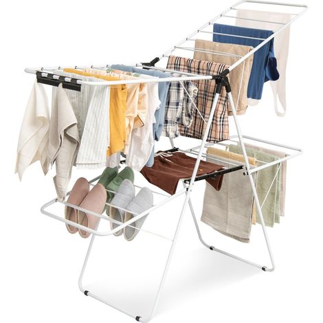 Foldable 2-Level Clothes Drying Rack Garment Drying Hanger Height-Adjustable (1/5)