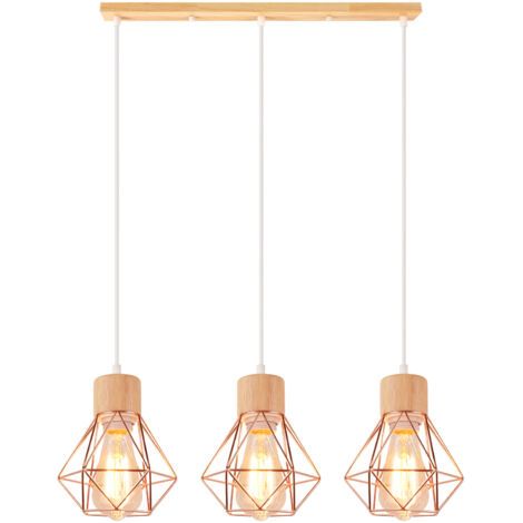 royaluxe- Lampe À Suspension Vintage Suspension Luminaire Rétro 3 Lumières Plafonnier D'Intérieur Moderne En Métal Et En Bois Or Rose