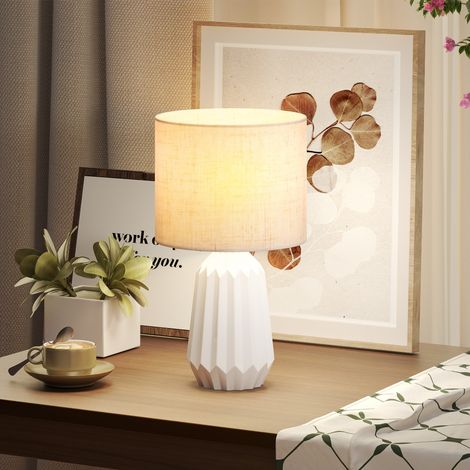 Lampe de table blanc beige avec base en céramique et abat-jour en lin style rétro pour chambre 40W et
