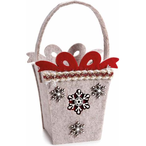 Borsette natalizie in panno a forma di pacco regalo con decori in rilievo, set da 8 pezzi, cm11x6,5x12,5H (con manico19)