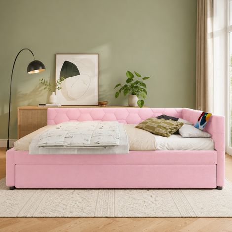 DESMIU Lit banquette gigogne 140 × 200 cm 1 place avec lampe de chevet, USB, Type-C, sans matelas, rose (1/5)