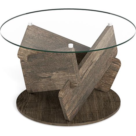Tavolino rustico con piano in vetro temperato trasparente gambe in legno e dimensioni 81 cm, Tavolino da caffè rotondo Grigio (1/5)