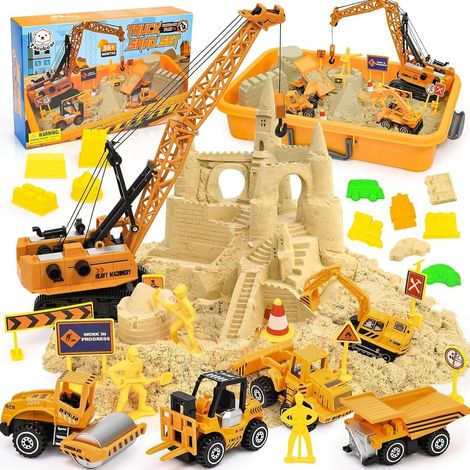 Sable Magique, Chantier de Construction Bac à Sable Magique avec 1000g Super Sand, Grue Jouet, 5 Mini Véhicules (1/5)