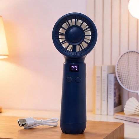 Vent portable rechargeable à affichage numérique bleu marine, ventilateur compact pour été avec réglage continu de la vitesse, design ludique et moderne (1/2)