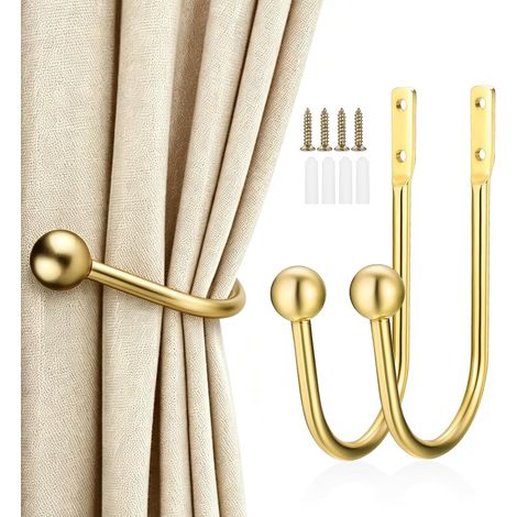 Lot de 2 embrasses de Rideaux en métal, embrasses de Rideaux, Crochets muraux pour Rideaux Fixes ou Articles Suspendus Doré (1/5)