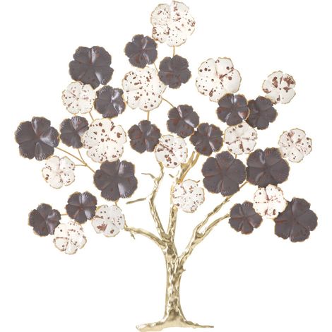 Pannello decorativo da parete Albero Purpy a chioma fiorita in ferro viola, bianco e oro 73x80 cm