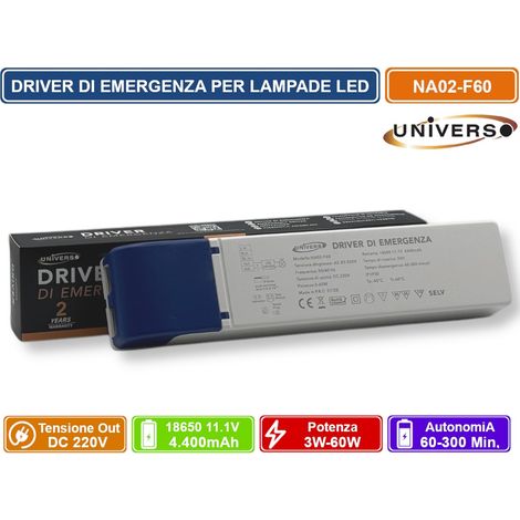 UNIVERSO NA02-F60 DRIVER DI EMERGENZA PER LAMPADE LED DA 3W A 60W AUTONOMIA FINO A 300 MINUTI USCITA DC 220V (1/5)