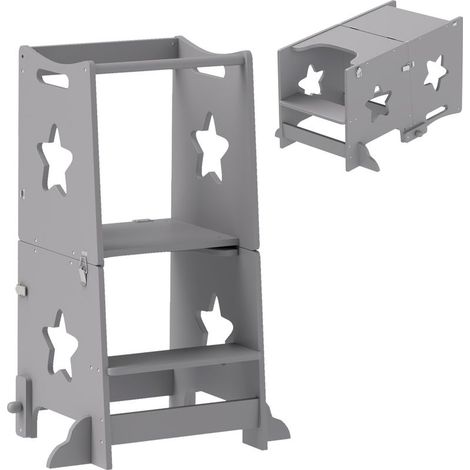 Échelle Montessori convertible en table et chaise avec barre de sécurité, en bois, 60 x 44,5 x 86 cm, gris (1/5)