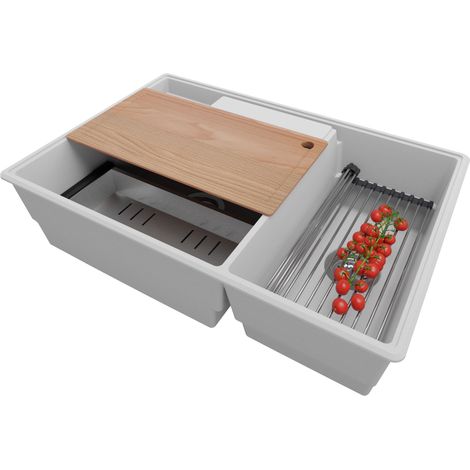 PRIMAGRAN Evier Cuisine en Granit 78x53cm,Lavabo 2 bacs + Kit de Vidage + Accessoires, Évier à Encastrer au meuble 80cm - Paris, Gris (1/5)