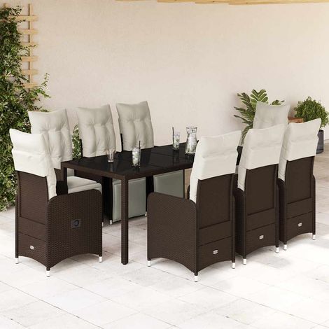 Set de mesa y sillas jardín 9 piezas y cojines ratán PE marrón