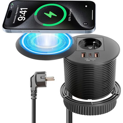 Prise de table escamotable ronde 80 mm avec couvercle, prise de type E (FR), USB-C PD 20 W et USB-A, charge sans fil 15 W, prise encastrée, noire, pour bureau et meubles, câble de 1,5 m (1/5)