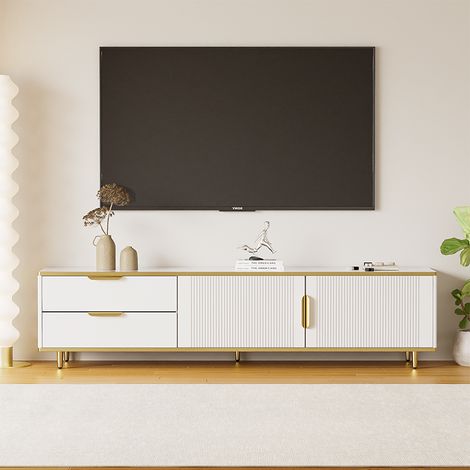 Meuble TV Blanc Or 175×40×45 cm – Texture Sculptée, Poignées/Pieds Dorés, Effet Marbre