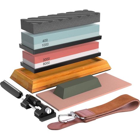 Knife Sharpening Stone Set, 2-Sided 400/1000 3000/8000 Grit Sharpening Stone Kit for Knives with Non-Slip Bamboo Base, Flattening Stone, Angle Guide, Honing Leather, Cut Resistant Glove (1/5)
