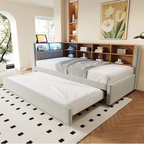 Sofá cama 90x200 cm gris claro, flanela con cama extraíble y LED (1/4)