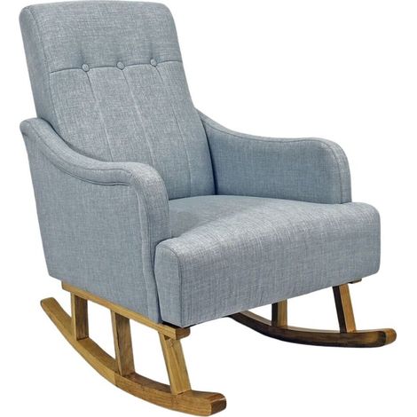 Poltrona a dondolo in legno con rivestimento in tessuto di stoffa color grigio