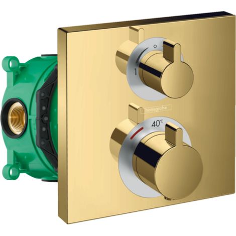 HANSGROHE Facade thermostatique encastré Ecostat Square avec robinet d'arrêt et inverseur aspect doré poli + corps encastré