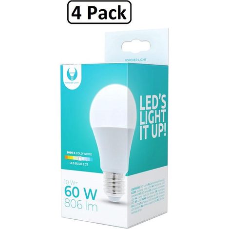 Ampoule LED, 4 unités, culot E27, 10W, 230V, 6000K, 806lm, pour usage résidentiel, commercial ou remplacement des sources lumineuses conventionnelles.-AquaForge (1/2)