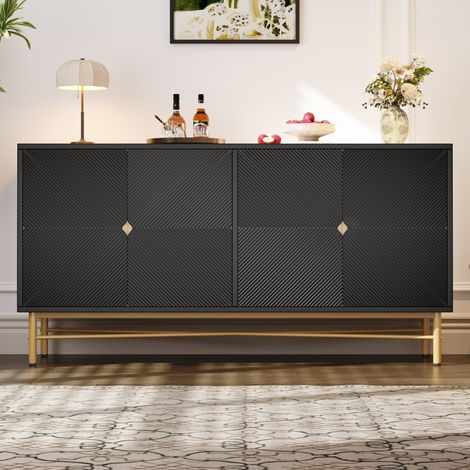 Buffet noir texture relief 4 portes poignées dorées brossées pieds laqués brillants 160×40×82 cm meuble rangement salon (1/5)