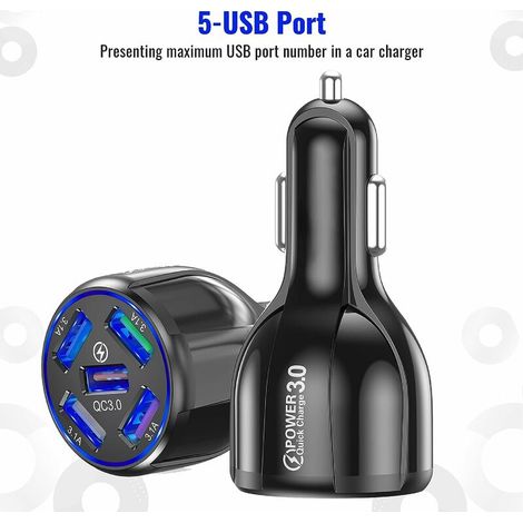 DEESSE SHOP - Chargeur de Voiture USB - Multi Protection, Lumière LED Bleue, 5 Ports avec Charge Rapide 3.0 Adaptateur de Cigarette de Voiture USB Chargeur Rapide pour Smartphone, iPhone, Tablette, Po (1/5)