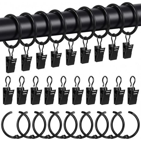 Lot de 25 Anneaux de Rideaux en Métal avec Clips, Diamètre Intérieur 32 mm, Noir, pour Tringle, Fenêtre, Porte, Rideau de Douche, Corde à Linge, Salle de Bain, Salon, Chambre d'amis (1/5)