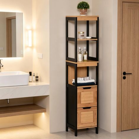 Badezimmerschrank 30 x 30 x 144,3 cm aus Bambus und MDF, Schwarz/Natur – MEUBLIV (1/5)