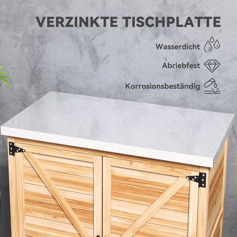 Armoire de jardin avec table de plantation en bois, abri de rangement doté d’un plan de travail galvanisé, 2 étagères, double porte, 79 x 43 x 92 cm (1/5)