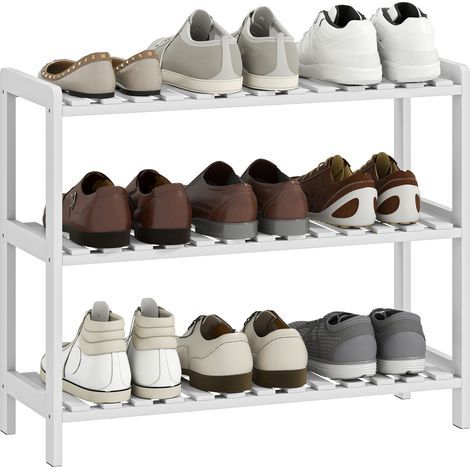 Shoe rack. 3-tier shoe rack. Slatted shelves. Pine wood. 70 x 26 x 57.5 cm. White (1/5)