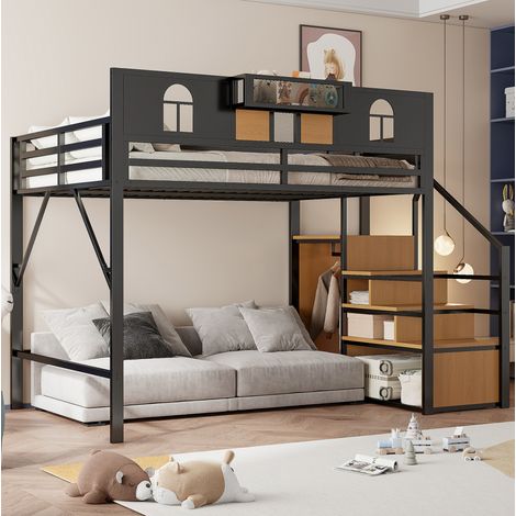 MEUBLIV Lit mezzanine 140x200 cm noir – avec échelle de rangement, sans matelas (1/5)
