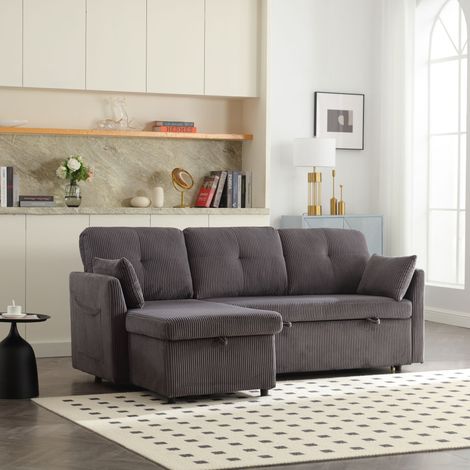 Canapés d'angle 206x130x66 (88) cm avec 1 compartiment de rangement et lits gigognes, 3 places, canapés convertibles, velours, gris foncé (1/5)