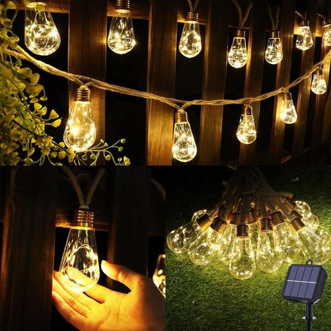 Guirlande lumineuse solaire d'extérieur pour jardin - 8 m, 16 LED incassables et étanches, corde en chanvre (blanc chaud), CJY (1/5)