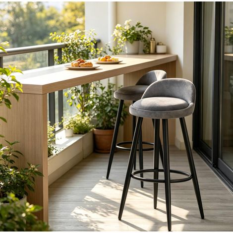 Tabouret de bar gris foncé en velours, assise rembourrée et repose-pieds (1/4)