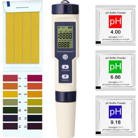 5-in-1 Multifunktions-Tester: pH-Wert/Elektroleitfähigkeit/Gesamtfeststoffgehalt/Salzgehalt/Thermometer, Wasserqualität