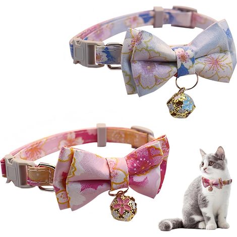Lot de 2 Colliers en Velours pour Chat avec Clochette et nœud Papillon, Colliers réglables pour Chat, Chaton, Petit Chiot, nœud Papillon de sécurité,Bleu et rose, pour Mariage (1/5)