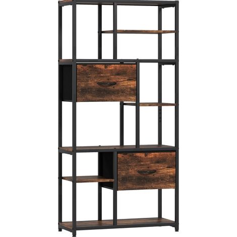 Libreria con 2 cassetti in tessuto, 9 vani aperti, struttura in acciaio marrone nero (1/5)