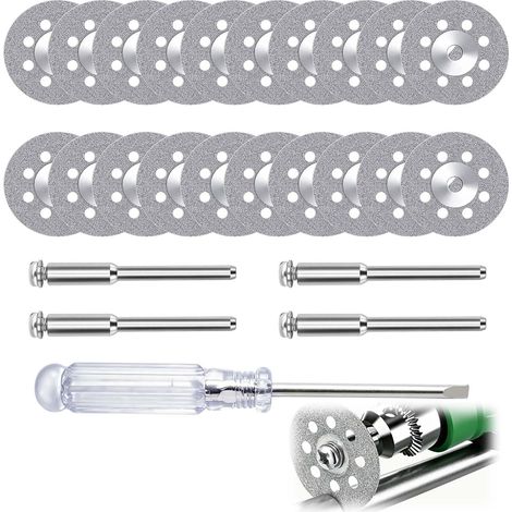 20 Pièces Disque Diamant 22mm, Mini Disques Diamant, Disques de Coupe Diamantés pour Outils Rotatifs avec 4 Mandrins 3mm et 1 Tournevis, Accessoires de Coupe Précise pour Verre (1/5)