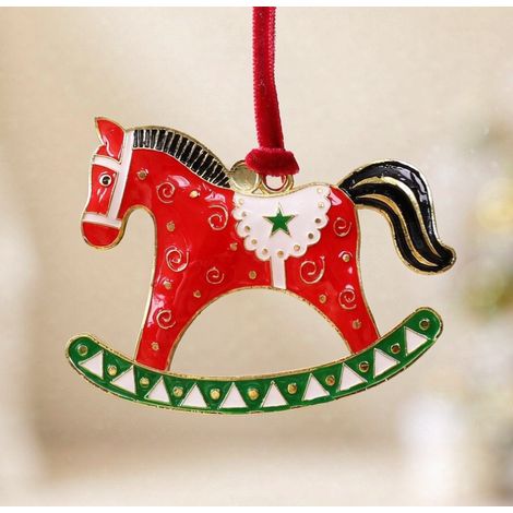 Ornement sapin de Noël cheval à bascule métal émail, déco vintage 7,5×5,5 cm (1/3)
