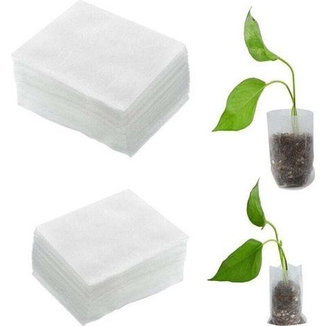200 pezzi Sacchetti per piante, Sacchetti per la crescita di piantine, Sacchetti biodegradabili per vivaio, Sacchetti per piante in tessuto non tessuto (2 misure) 10-12 cm, 16-14 cm, Bianco-Crezuo