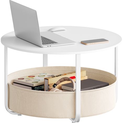 WOLTU Table Basse Ronde, Table d'Appoint de Salon, avec Panier de Rangement en Toile, Ø 80 cm, Blanc + Beige (1/5)
