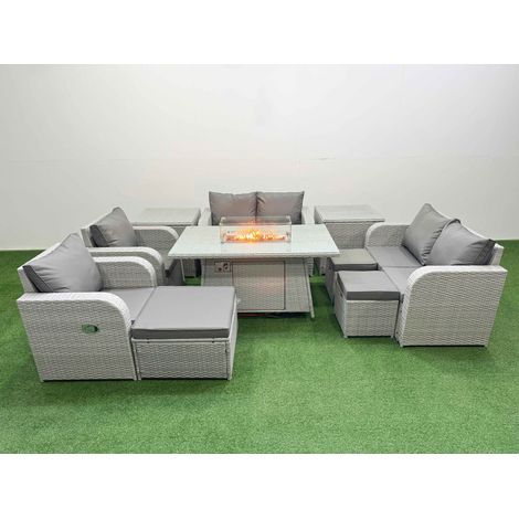 Fimous 9 Seater Outdoor Reclining Chair Love Sofa Set Rattan Garden Furniture Set with Firepit Dining Table 3 Stools 2 Side Table Light Grey (1/4)