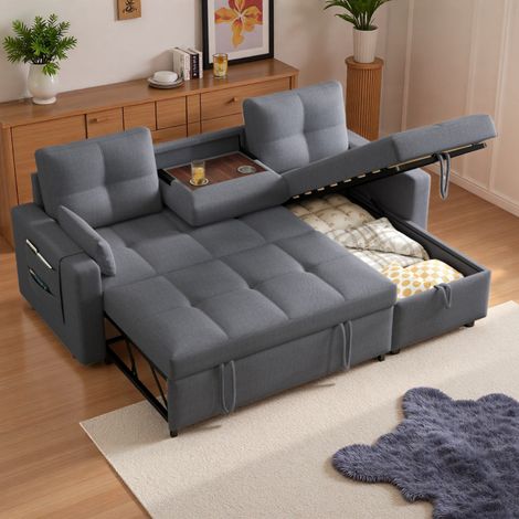 Seyakany Canapé convertible 3 places avec porte-gobelet pliable, rangement, canapé d'angle en L,canapé 3 places,lin,Gris (1/5)