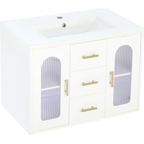 Mobile bagno sospeso 76 cm bianco con lavabo in ceramica e LED (1/5)