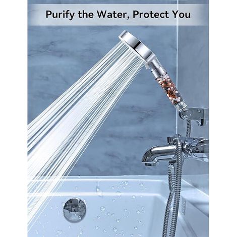 Shower head with 2M hose, water-saving filter, high-pressure anti-limescale shower head, rain shower head with 5 spray patterns, white (1/4)