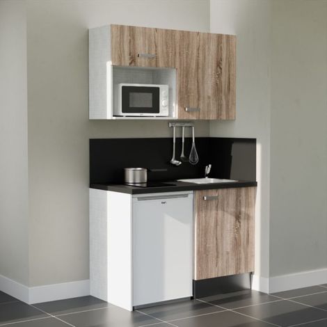 Kitchenette K07L-PT - 120 cm avec plan de travail et évier, emplacements frigo et micro-ondes - Façade Bois - Plan Noir texturé - Evier Inox - Crédences Oui
