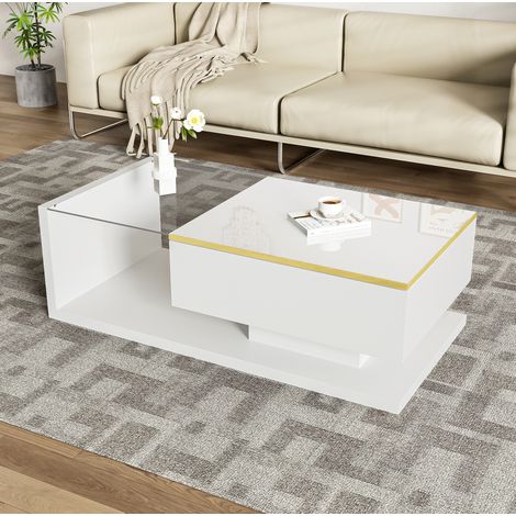 Tavolino basso 100 x 50 x 32,5 cm bianco lucido, vano aperto, vetro temperato, LED MEUBLIV (1/5)