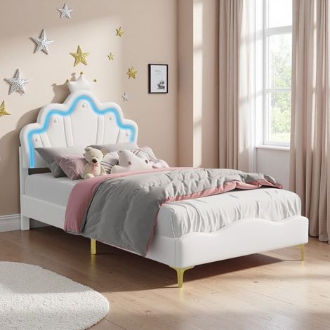 Bett für Mädchen - 90x200 - LED RGB - Kronendesign - Sicher aus Weißem Holz